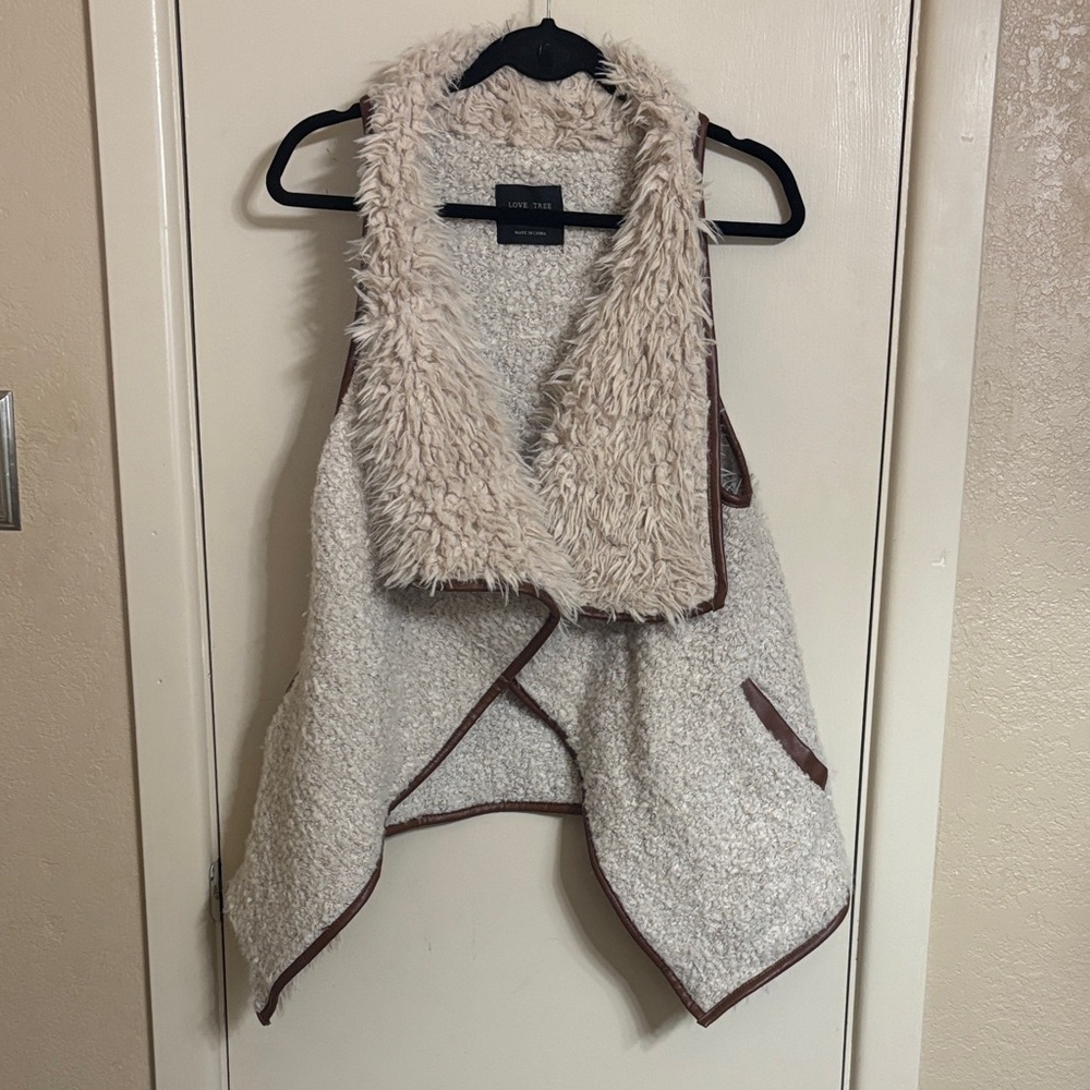 Faux Fur Lined Sherpa Vest with Brown leather Trim